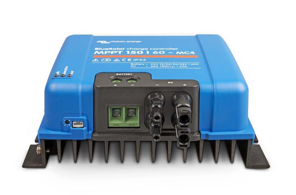 Bottom perspective of Victron MPPT controller showing aluminium heat sink and connection ports