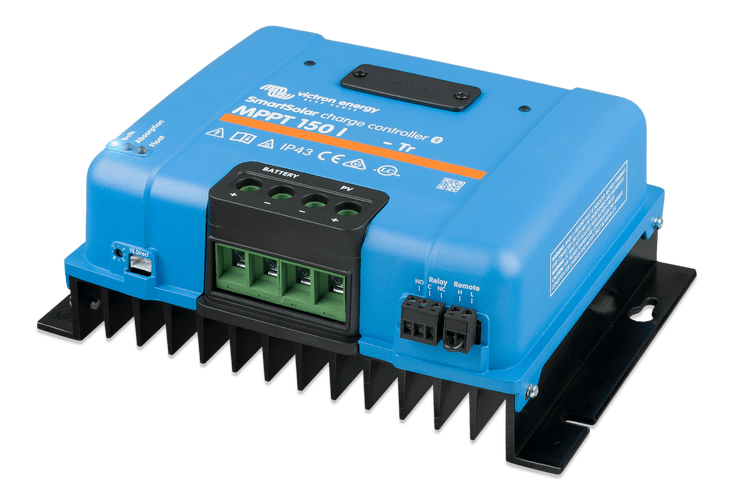 Angled view of SmartSolar MPPT 150/60-Tr showing cooling fins and connection ports