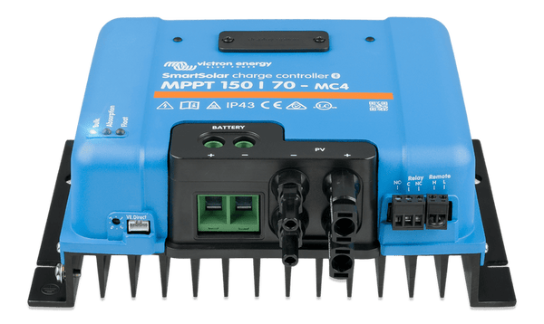 Front angled view of Victron 70A SmartSolar MPPT charge controller with MC4 terminals