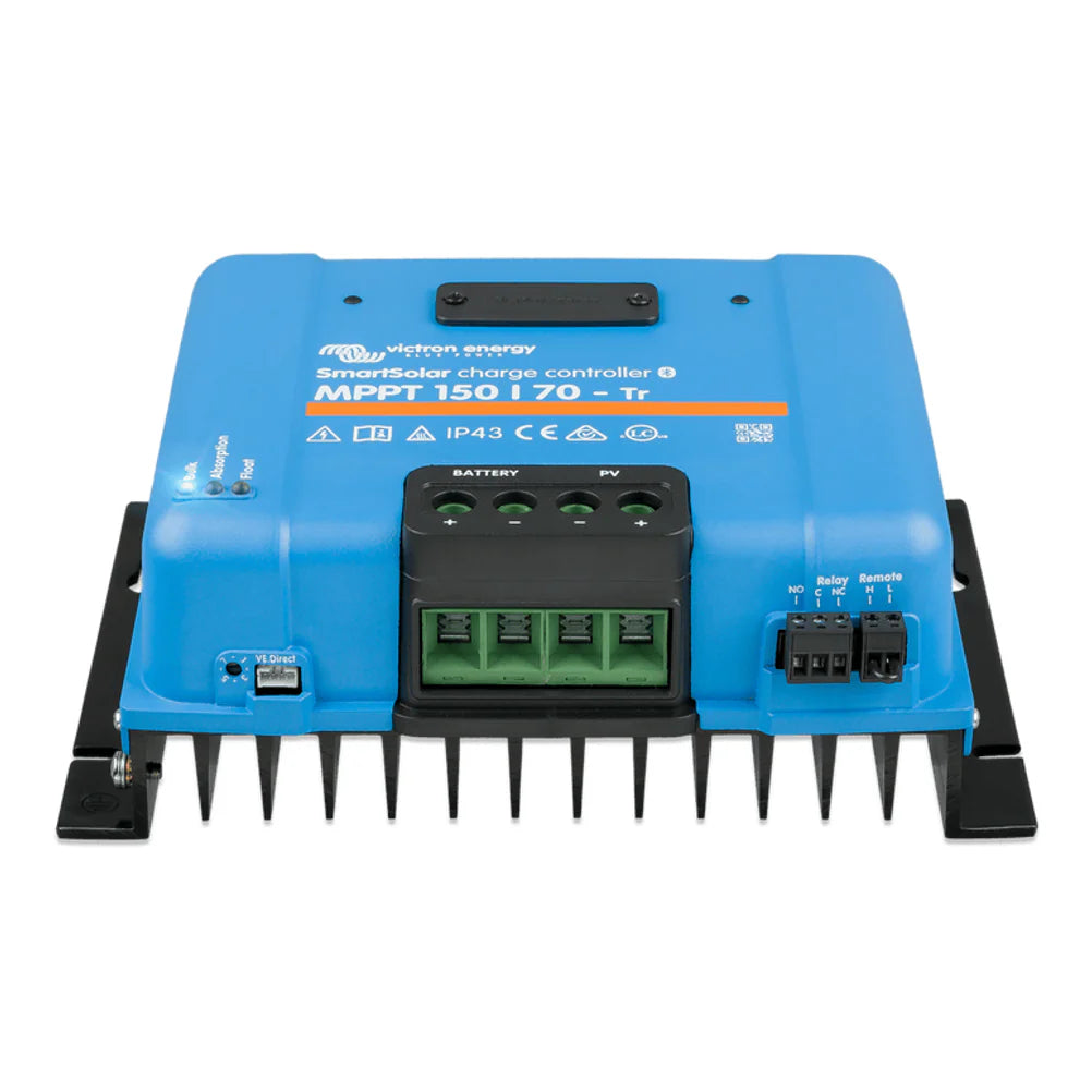 Front angled view showing the green screw terminals for PV and battery wiring