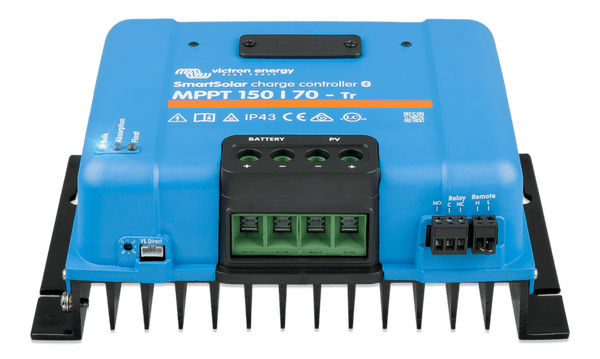 Front angled view showing the green screw terminals for PV and battery wiring