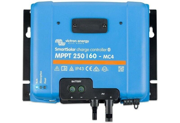Front view of Victron SmartSolar MPPT 250/60 solar controller with MC4 connectors and battery terminals