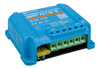 Side-on angled view of the blue Victron MPPT controller enclosure showing terminal access