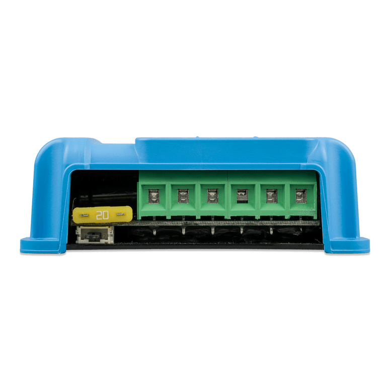 Close-up of the screw-down terminals and yellow 20A fuse on a SmartSolar controller