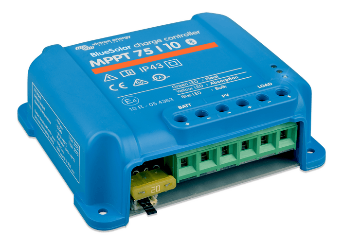 Perspective view of BlueSolar MPPT 75/10 controller showing terminal connections and 20A fuse