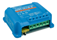 Perspective view of BlueSolar MPPT 75/10 controller showing terminal connections and 20A fuse