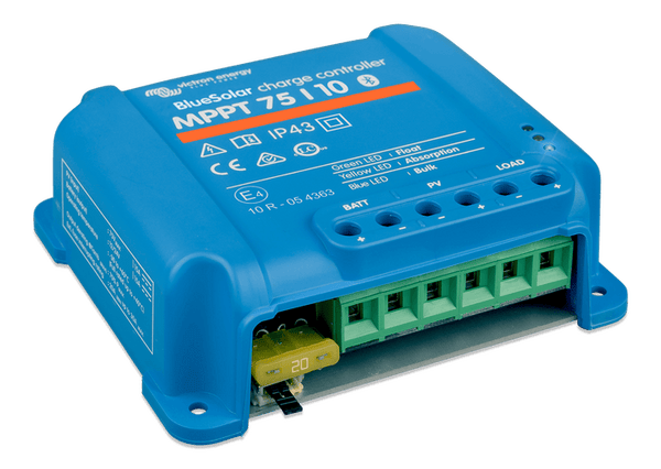 Perspective view of BlueSolar MPPT 75/10 controller showing terminal connections and 20A fuse
