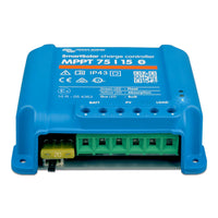 Front-facing perspective view of the blue MPPT 75/15 enclosure and terminal cover