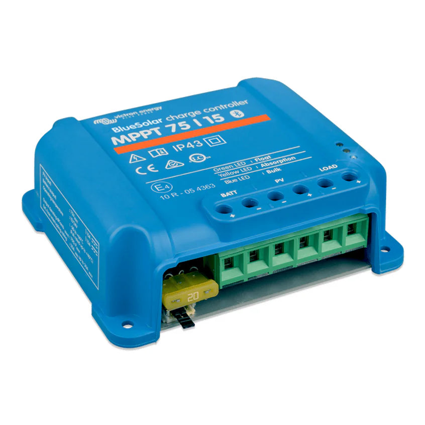 Angled view of the Victron 15A solar controller showing 20A blade fuse and heavy-duty terminals