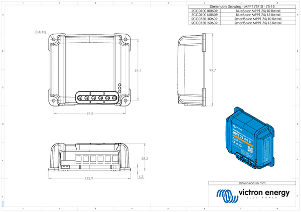 Technical dimensional drawing for MPPT 75/10 and 75/15 models showing 113mm width and 100mm height
