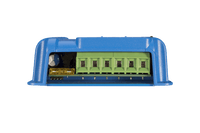 Close-up of terminal connections and replaceable 20A fuse on the bottom of a Victron charge controller