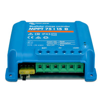 Side perspective view of the blue Victron BlueSolar 15A MPPT charge controller