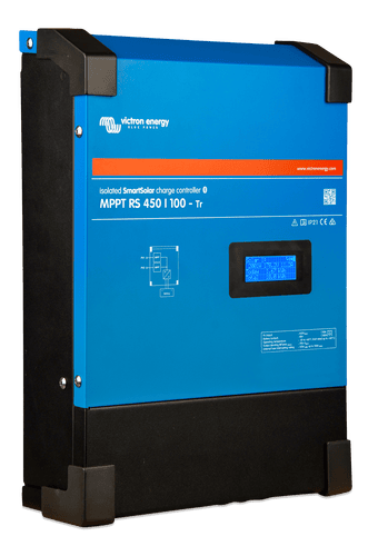 Perspective view of the blue steel Victron MPPT RS 450/200 showing side mounting points