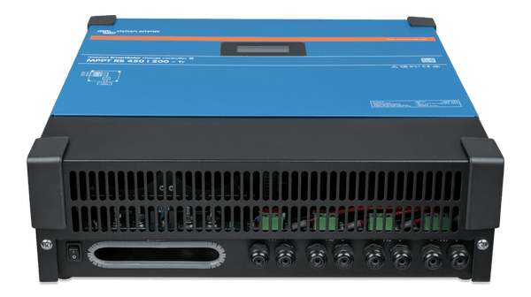 Bottom panel view of the Victron MPPT RS 450/200 with cable glands and power switch