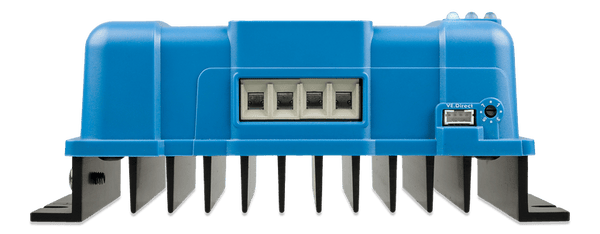 Bottom-up view focusing on VE.Direct port and terminal entries of the MPPT controller