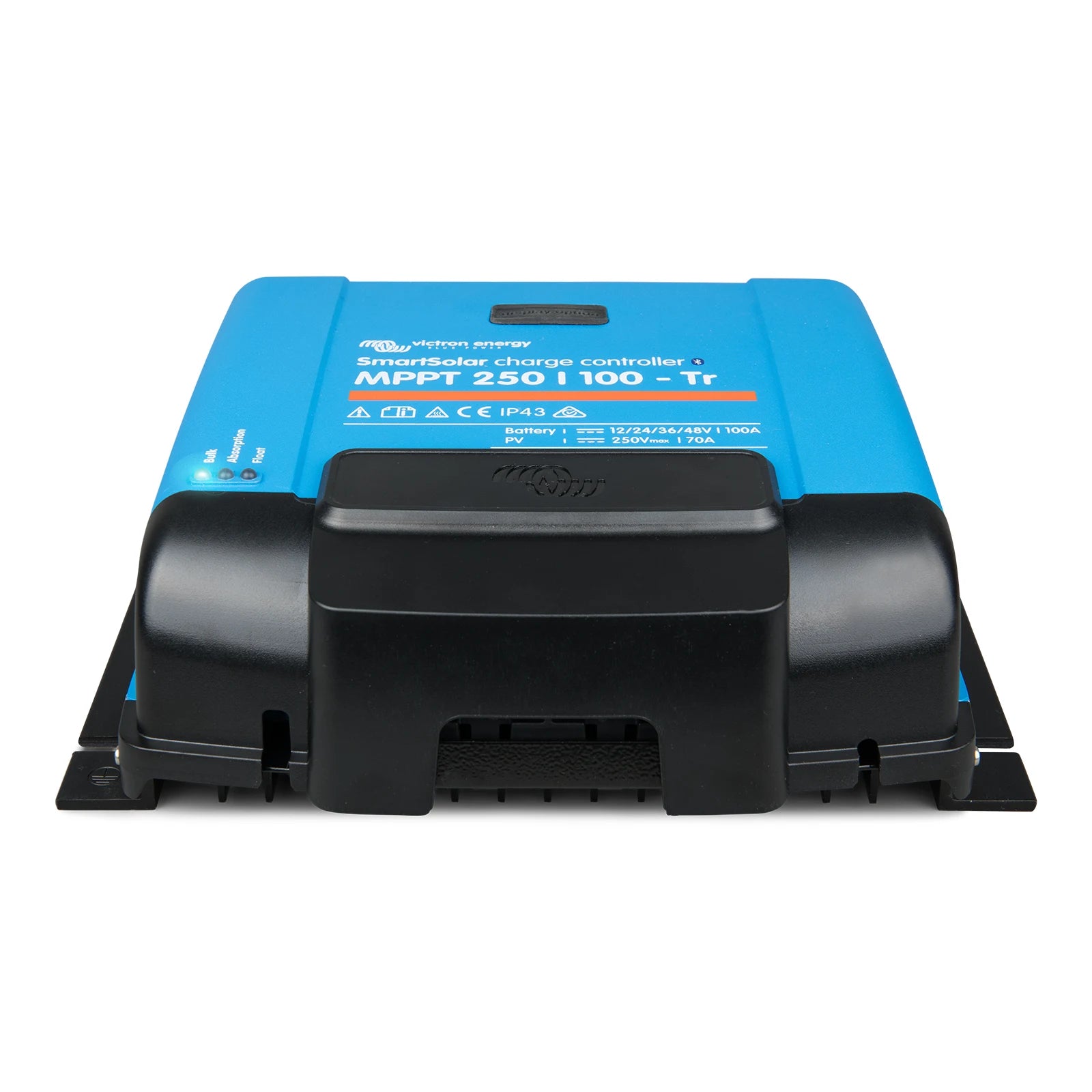 Black WireBox-XL terminal cover attached to a blue SmartSolar MPPT charge controller