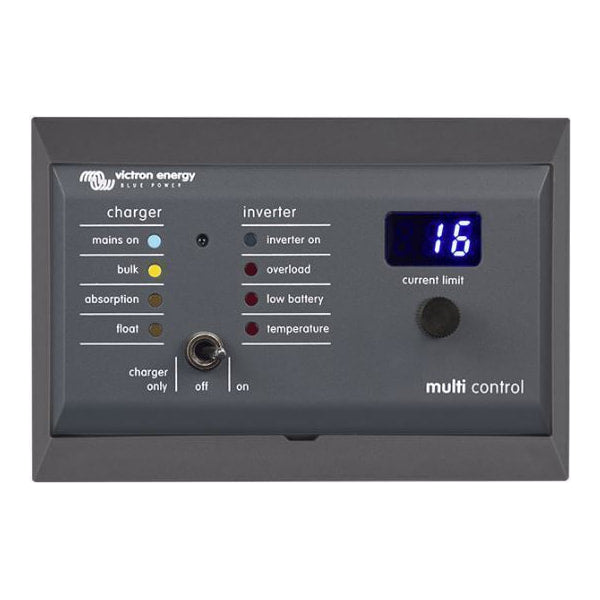 Victron Multi Control panel installed in the wall-mount enclosure showing status LEDs and digital display
