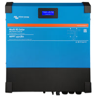 Front view of blue Victron Multi RS Solar inverter charger with LCD status display