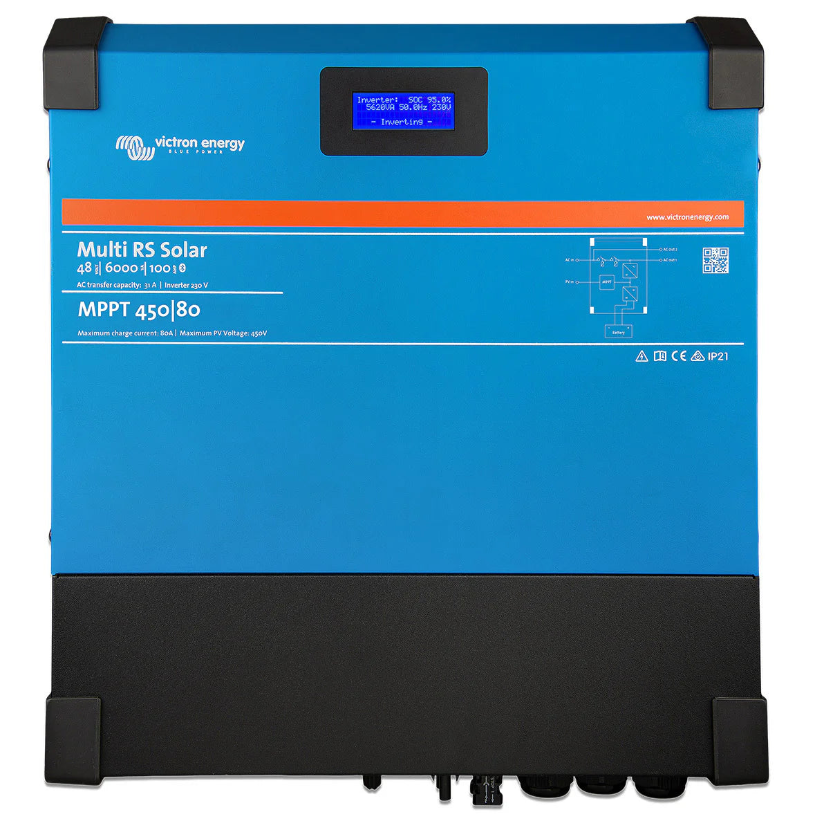 Front view of blue Victron Multi RS Solar inverter charger with LCD status display