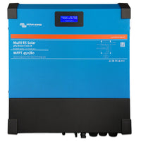 Front view of blue Victron Multi RS Solar inverter charger with LCD status display