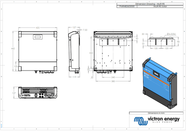 Technical dimensional drawing of Victron Multi RS Solar with metric measurements