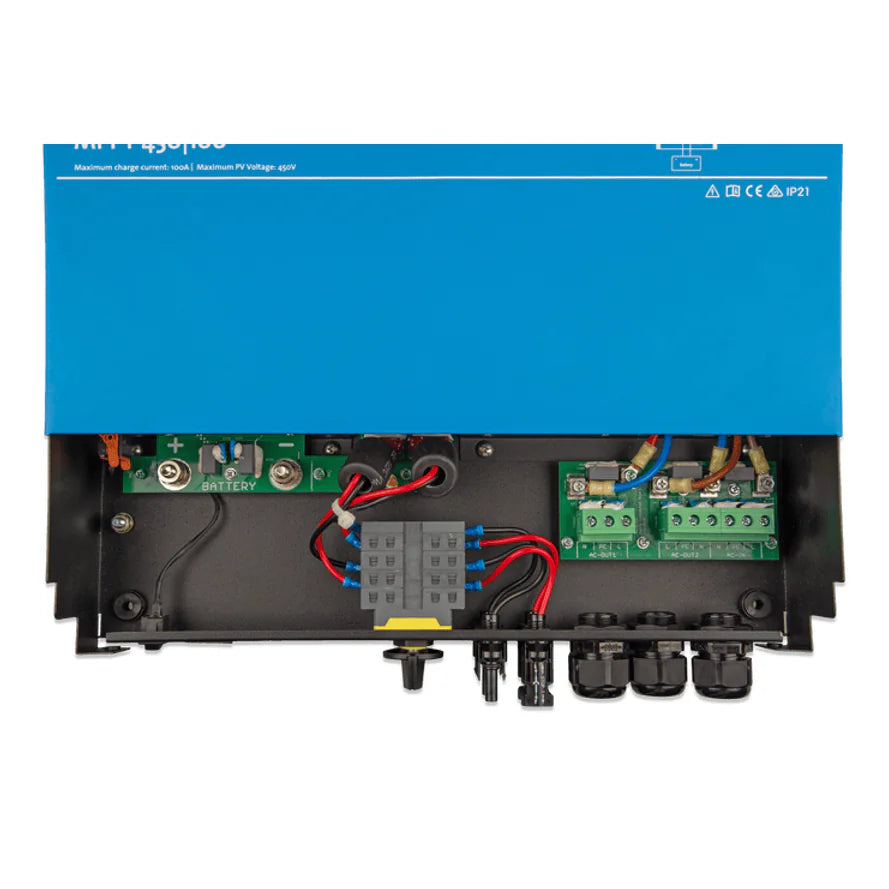 Internal wiring compartment of Victron Multi RS Solar showing battery and AC terminals