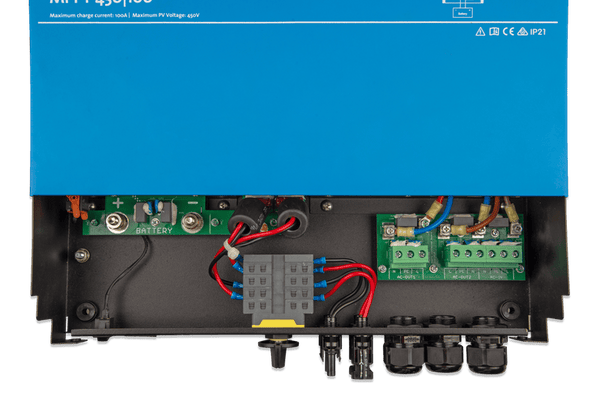 Internal wiring compartment of Victron Multi RS Solar showing battery and AC terminals