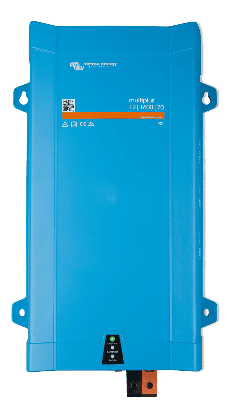 Front view of blue Victron MultiPlus 12/1600/70 inverter charger with status LED panel