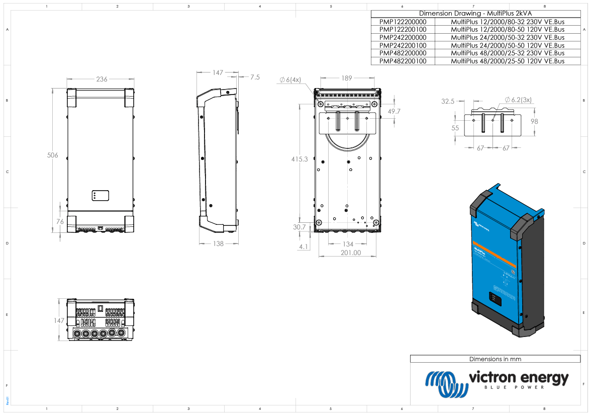 Detailed dimensional drawing of the Victron MultiPlus 2kVA showing mounting and clearances