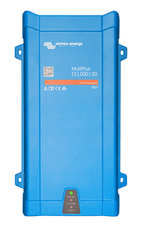 Front view of blue Victron MultiPlus 12/500/20 inverter charger with status LED indicators