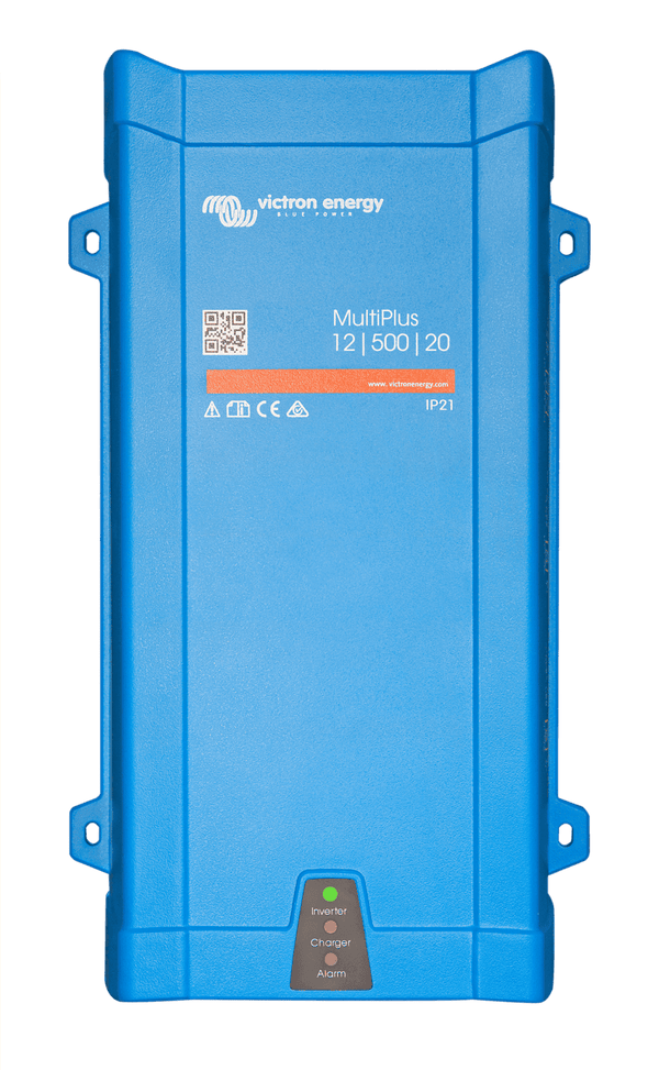 Front view of blue Victron MultiPlus 12/500/20 inverter charger with status LED indicators
