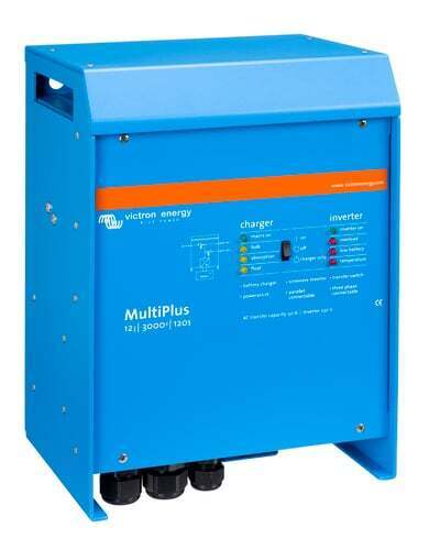 Perspective view of the blue aluminium Victron MultiPlus 12V 3000VA inverter charger