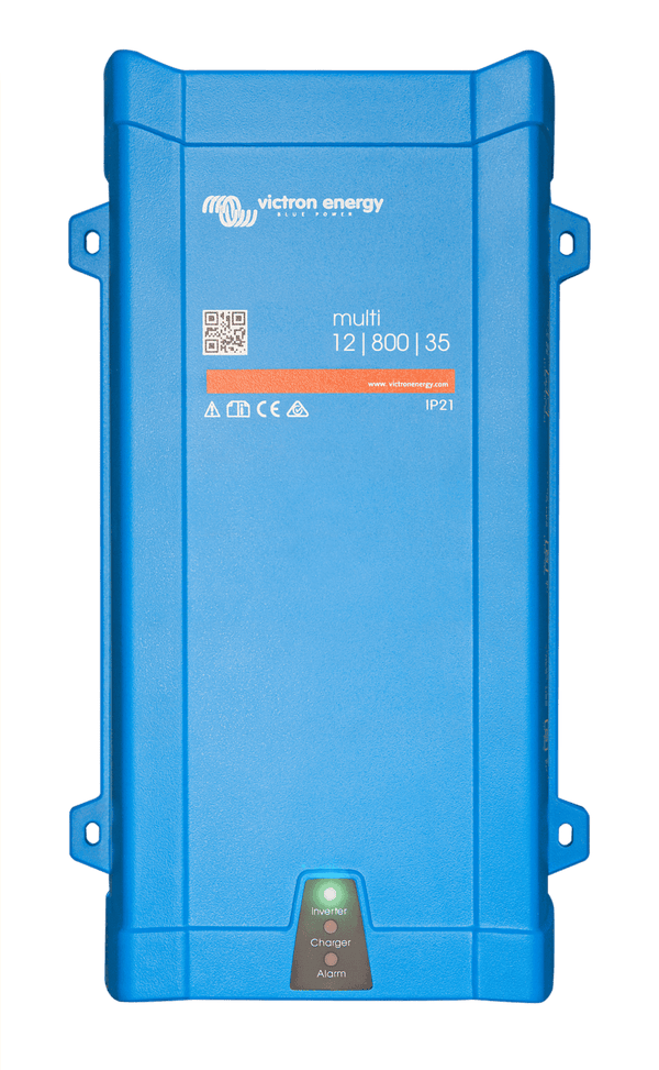 Front view of blue Victron MultiPlus 12V 800VA inverter charger showing status LEDs