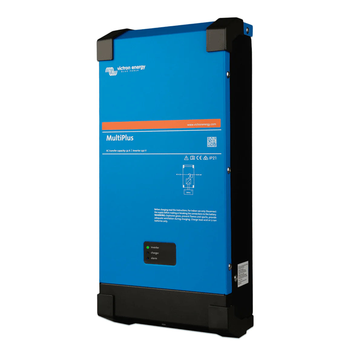 Perspective view of Victron MultiPlus 24V 2000VA steel enclosure with black end caps