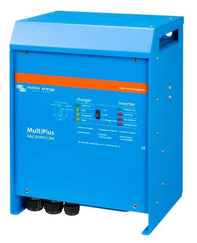 Angled perspective view of the blue Victron MultiPlus inverter charger showing top and side panels
