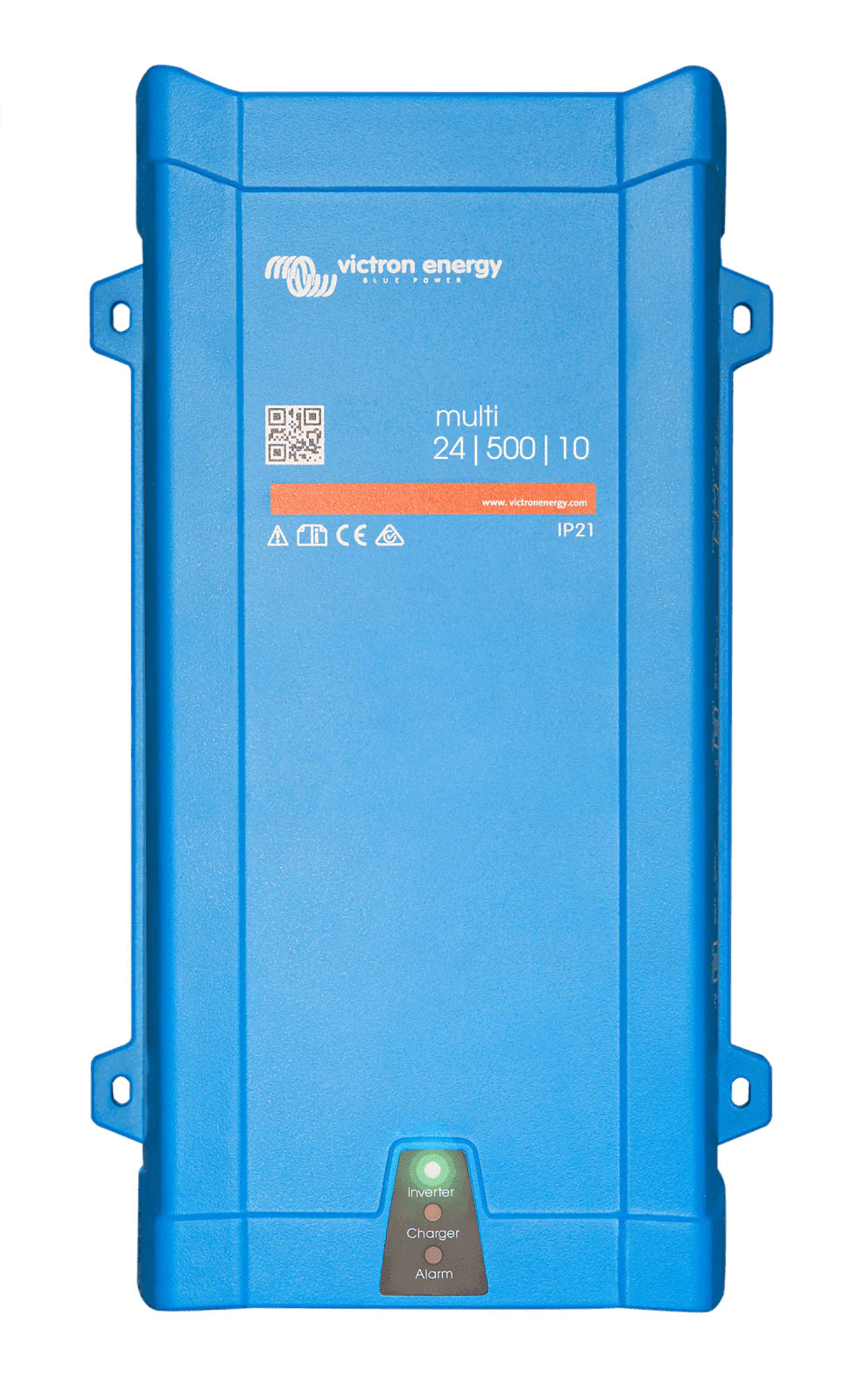Front view of Victron MultiPlus 24/500/10 inverter charger with status LED display