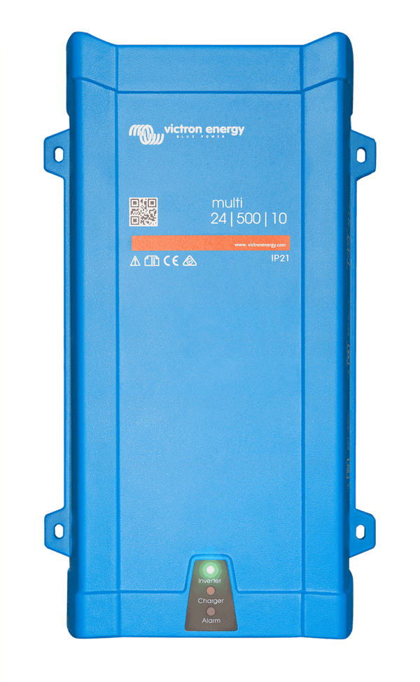Front view of Victron MultiPlus 24/500/10 inverter charger with status LED display