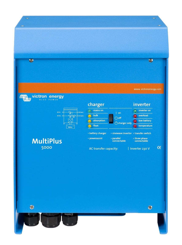 Front view of the Victron MultiPlus 5000 inverter charger in a blue aluminium enclosure