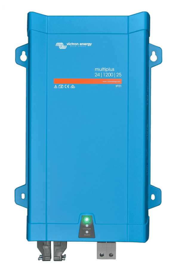 Front view of blue Victron MultiPlus 24V 1200VA inverter charger with status LEDs