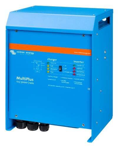 Left perspective view of the blue Victron MultiPlus 3000VA inverter charger housing