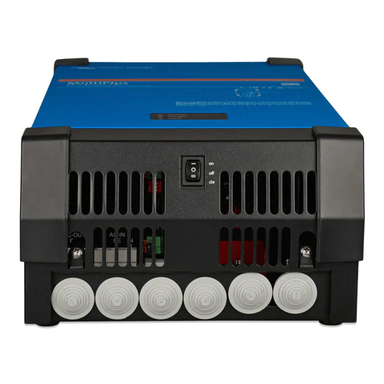 Bottom of inverter charger unit showing cable entry points and power switch