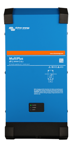 Front view of Victron MultiPlus 48V 2000VA inverter charger in blue steel enclosure