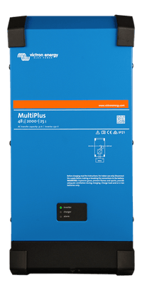 Front view of Victron MultiPlus 48V 2000VA inverter charger in blue steel enclosure