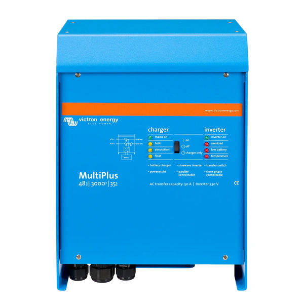 Victron MultiPlus 48V 3000VA inverter charger front view with status LEDs and cable glands