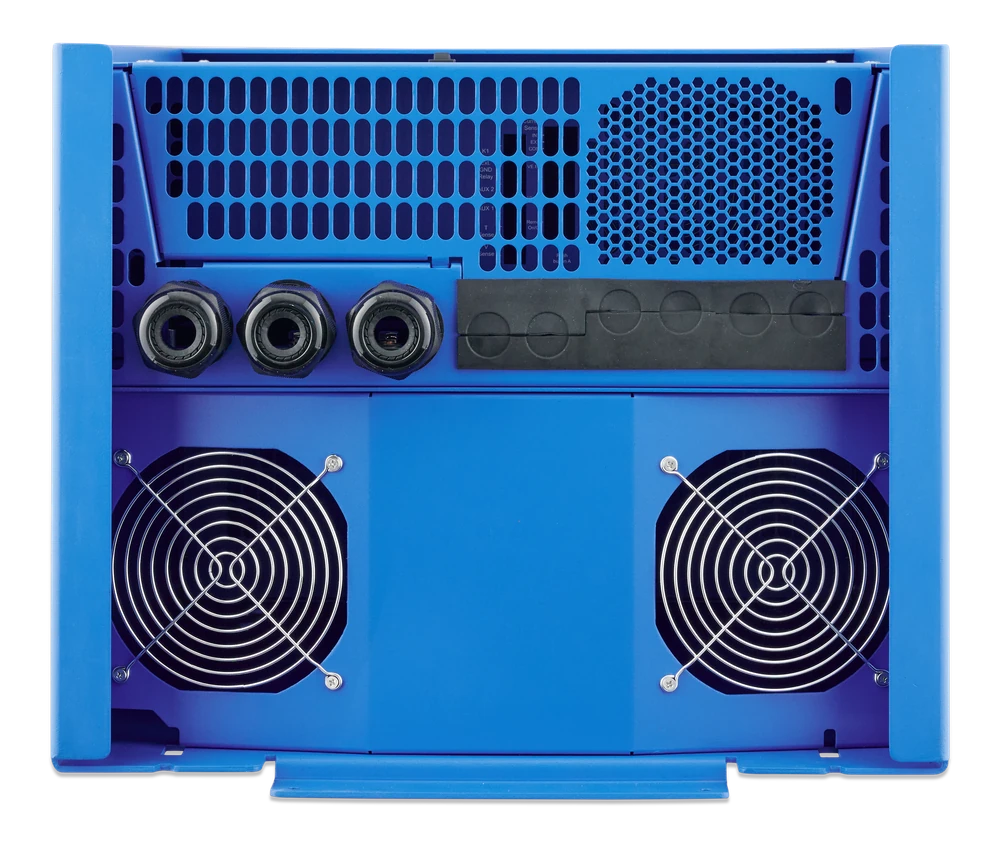 Bottom view of MultiPlus inverter showing cable glands and dual cooling fans