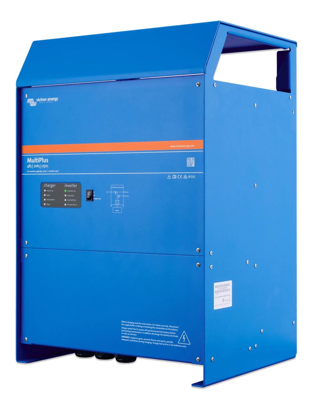 Side perspective of the blue aluminium enclosure for the Victron MultiPlus inverter