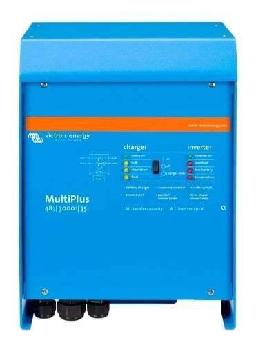 Front view of Victron MultiPlus 48V 3000VA inverter charger with status LEDs and power switch