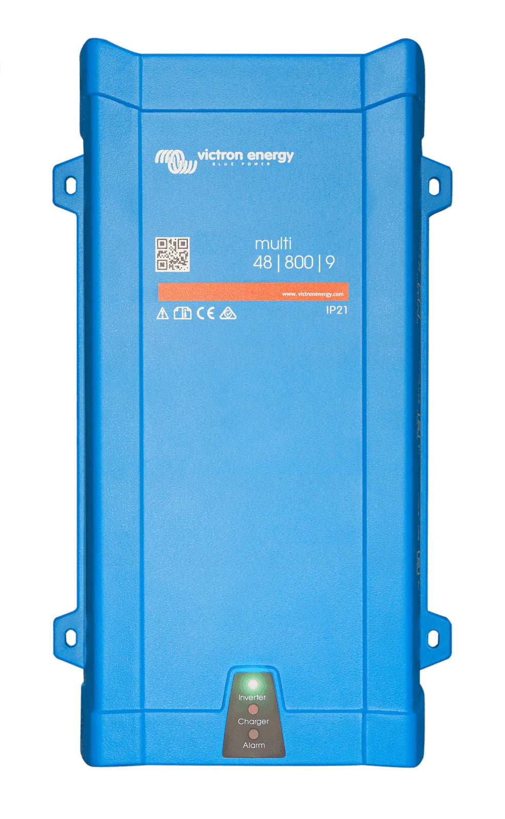 Front view of blue Victron MultiPlus 48V 800VA inverter charger with status LED indicators