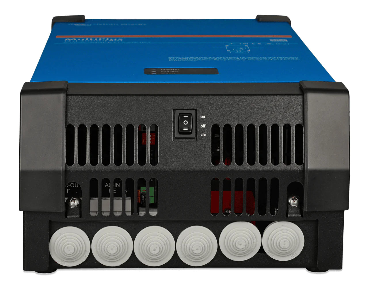 Bottom view of MultiPlus inverter showing cable entry points and main power switch