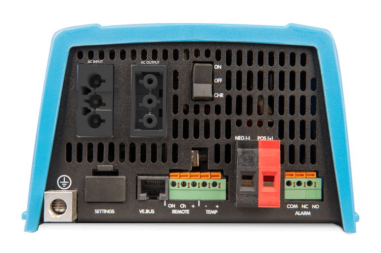 Bottom connection panel of Victron MultiPlus showing AC ports, DC battery terminals and communication ports